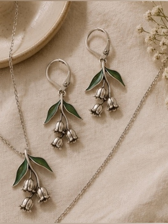 Anthropologie Jewelry - Lily of the Valley Jewelry Set Silver Botanical Necklace and Earrings